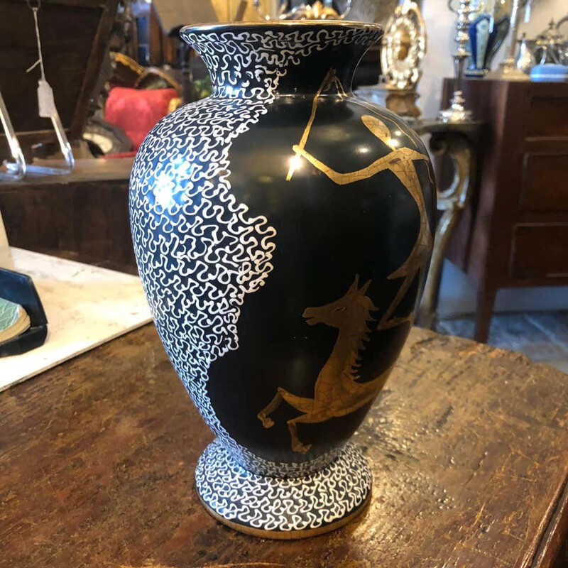 Mid-Century Hand Painted Black and Gold Ceramic Italian Vase, 1960