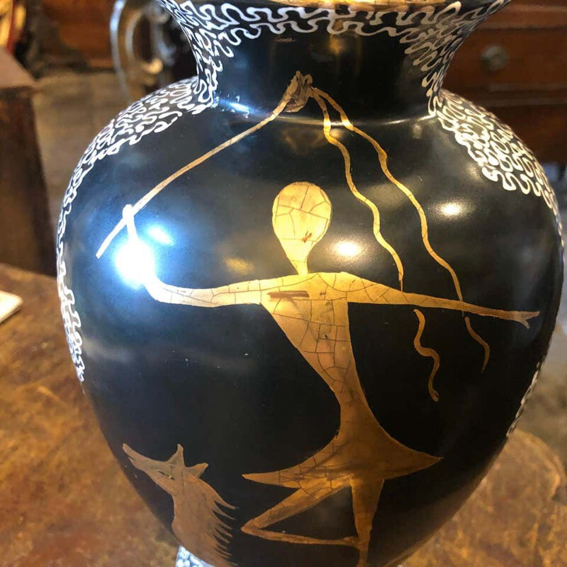 Mid-Century Hand Painted Black and Gold Ceramic Italian Vase, 1960