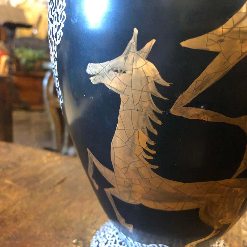 Vase vintage en céramique noir et or peint à la main italien 1960