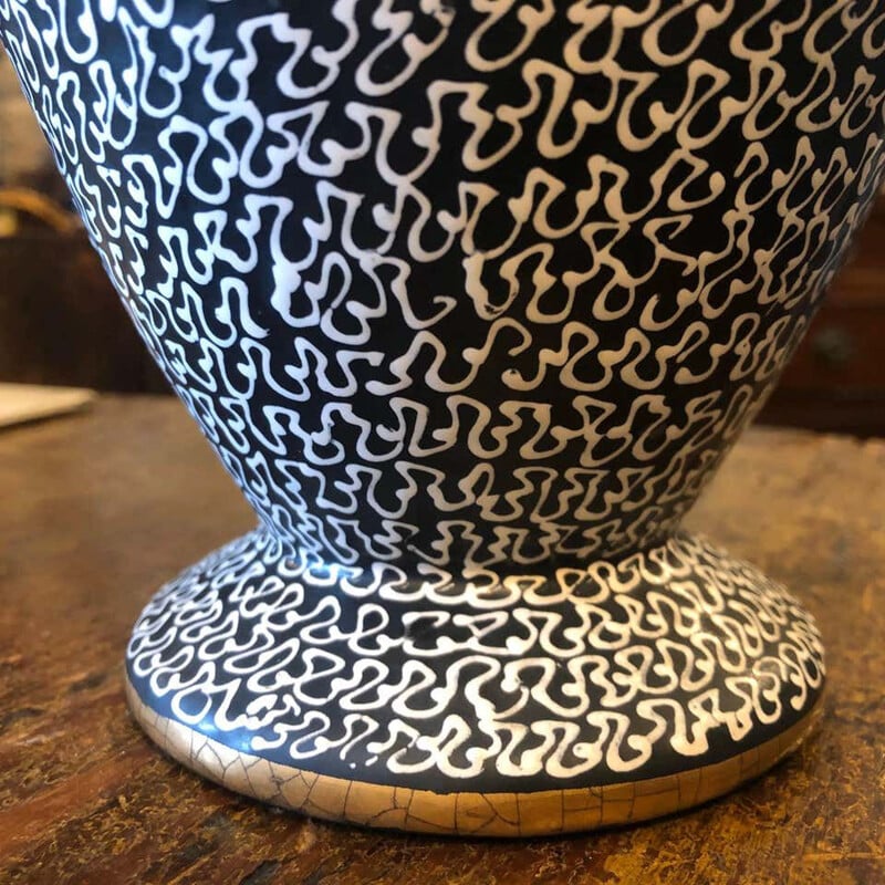 Mid-Century Hand Painted Black and Gold Ceramic Italian Vase, 1960