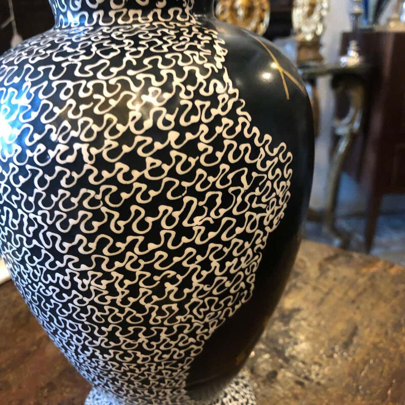 Vase vintage en céramique noir et or peint à la main italien 1960