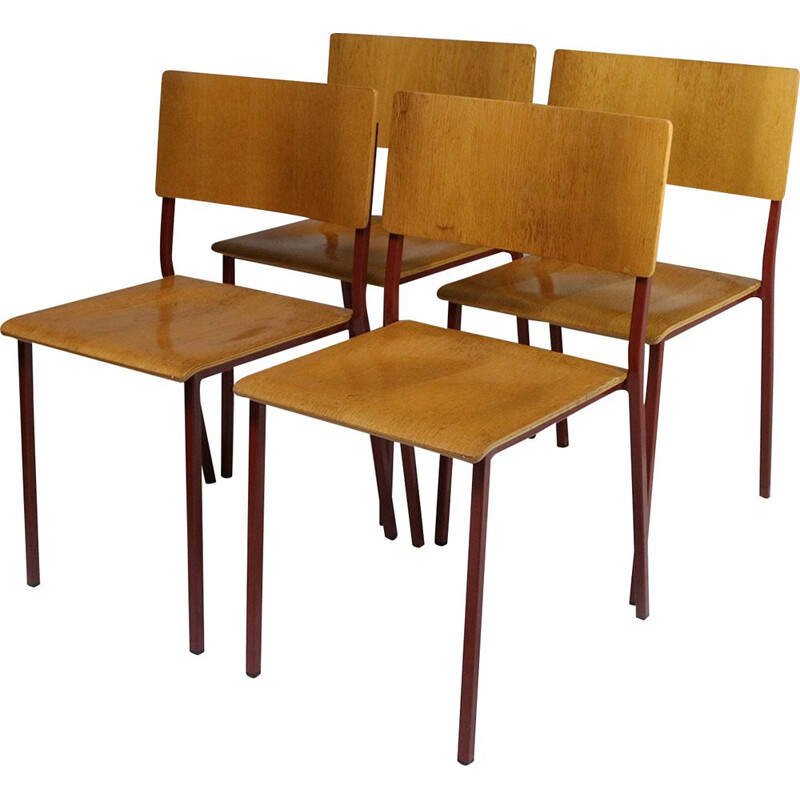 Lot de 4 chaises vintage empilables avec cadre rouge 1970