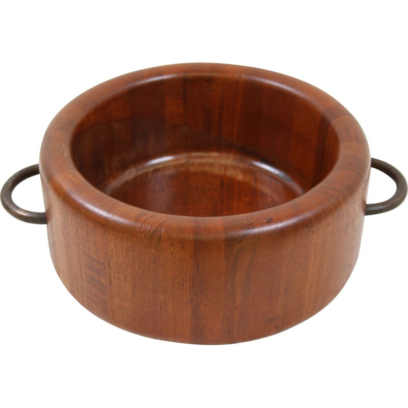 Vintage Teak Round Bowl with black handles Digmeds Denmark 1960