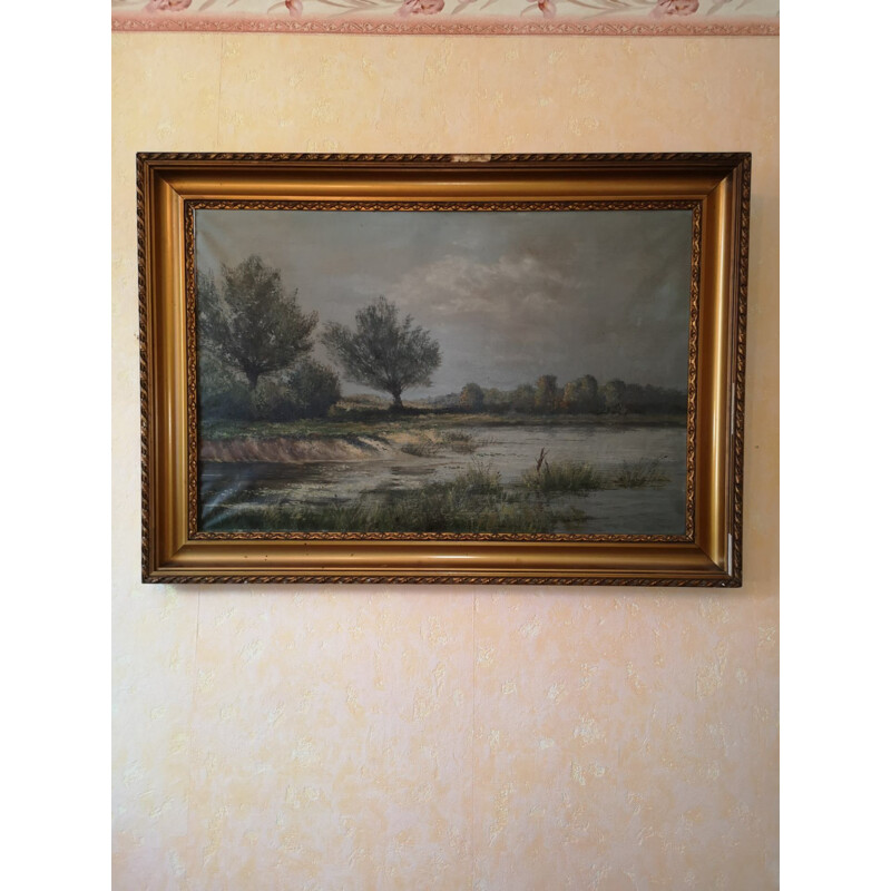 Tableau vintage peinture hollandais paysage J K Van Goethem 1925