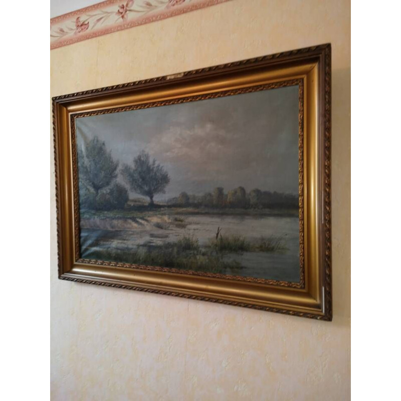 Tableau vintage peinture hollandais paysage J K Van Goethem 1925