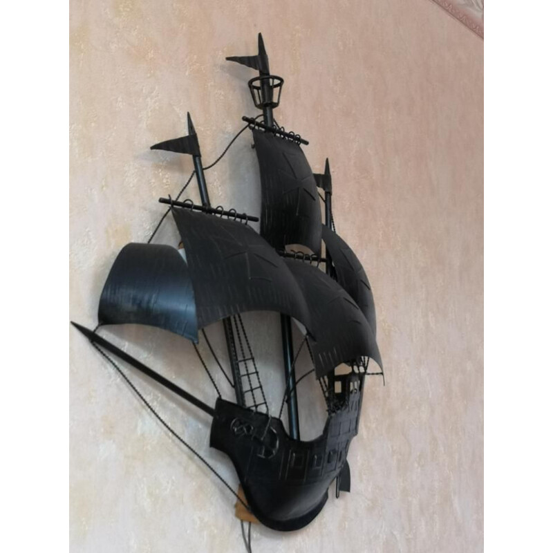 Sculpture murale vintage applique bateau en métal 1960