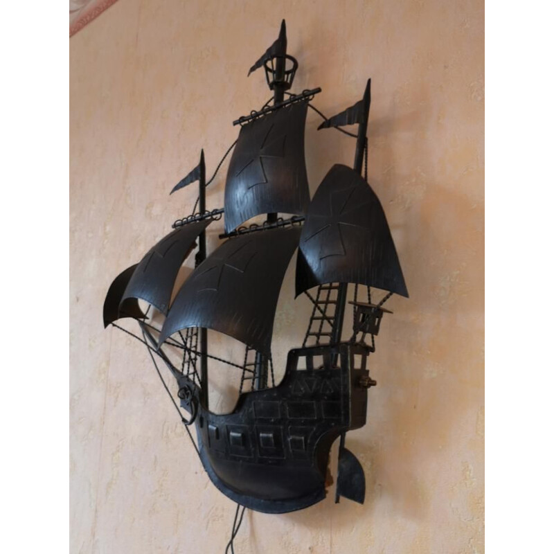 Sculpture murale vintage applique bateau en métal 1960