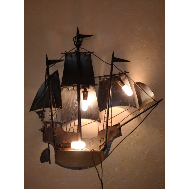 Vintage metal wall sculpture boat wall lamp 1960