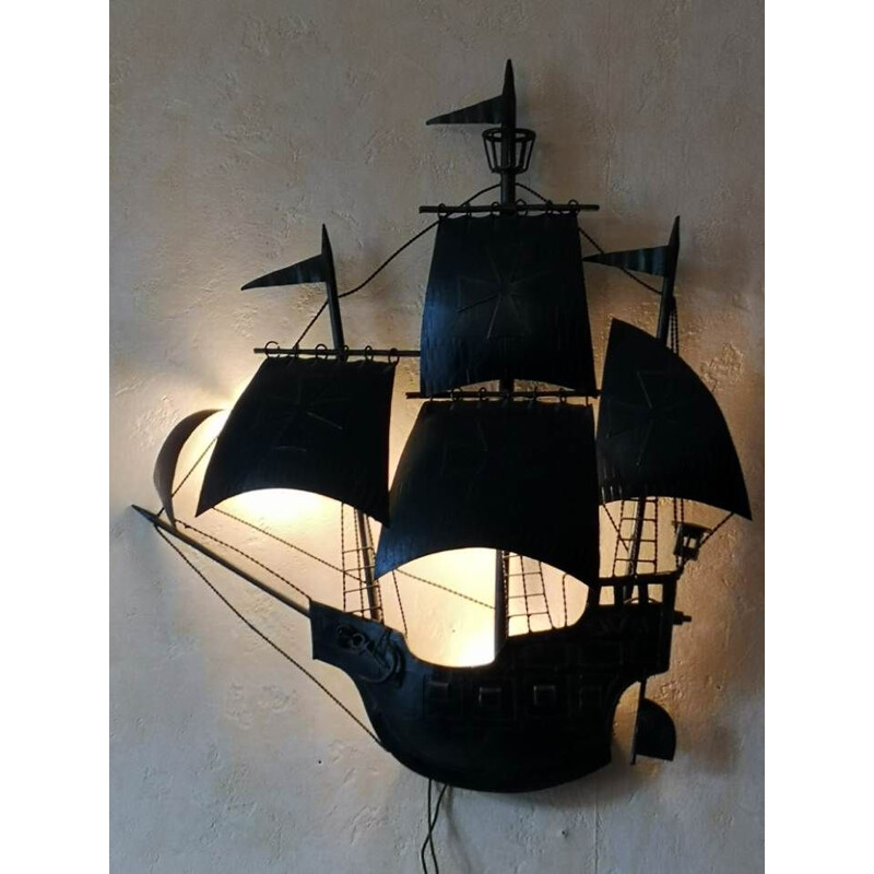 Vintage metal wall sculpture boat wall lamp 1960