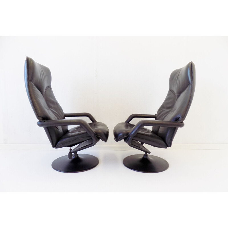 Pair of  Vintage black leather armchair with ottoman Berg Furniture 1970s