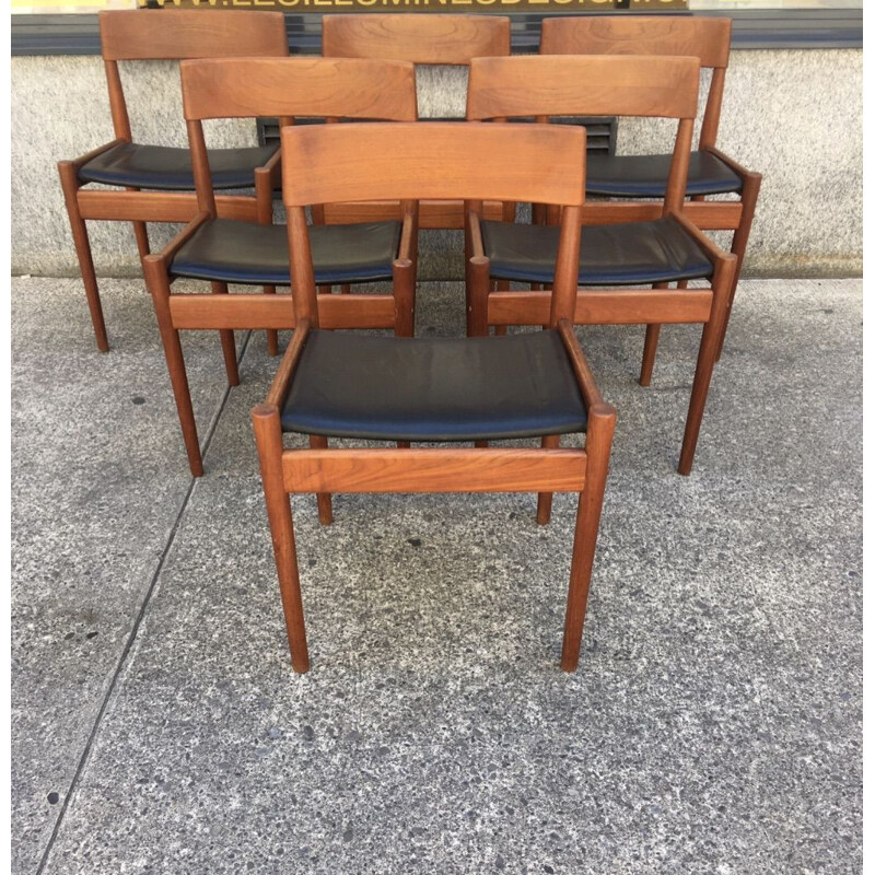 Lot de 6 chaises vintage en cuir et teck Grete Jalk 1960 