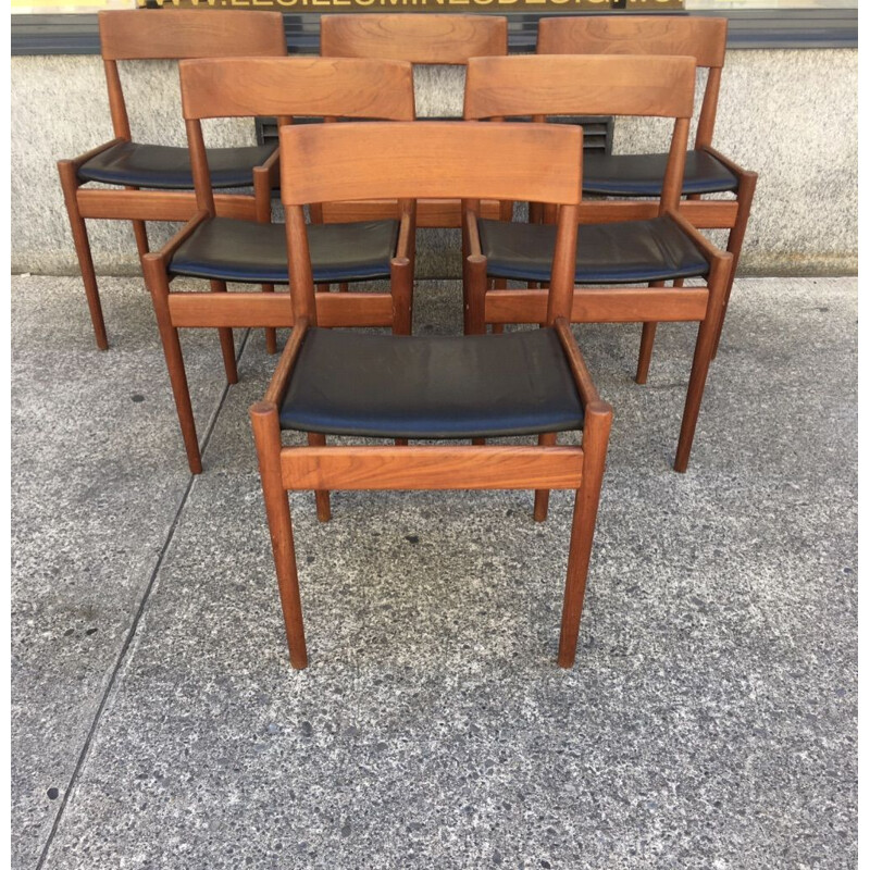 Set of 6 vintage leather and teak chairs Grete Jalk 1960 