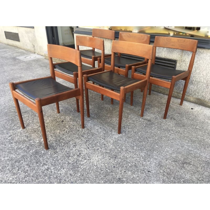 Set of 6 vintage leather and teak chairs Grete Jalk 1960 