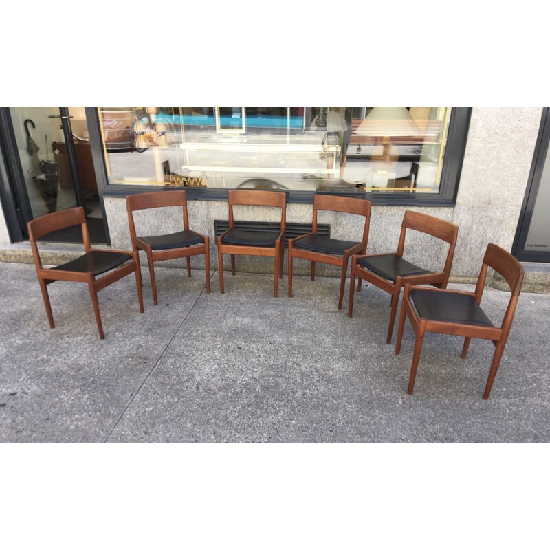Set of 6 vintage leather and teak chairs Grete Jalk 1960 