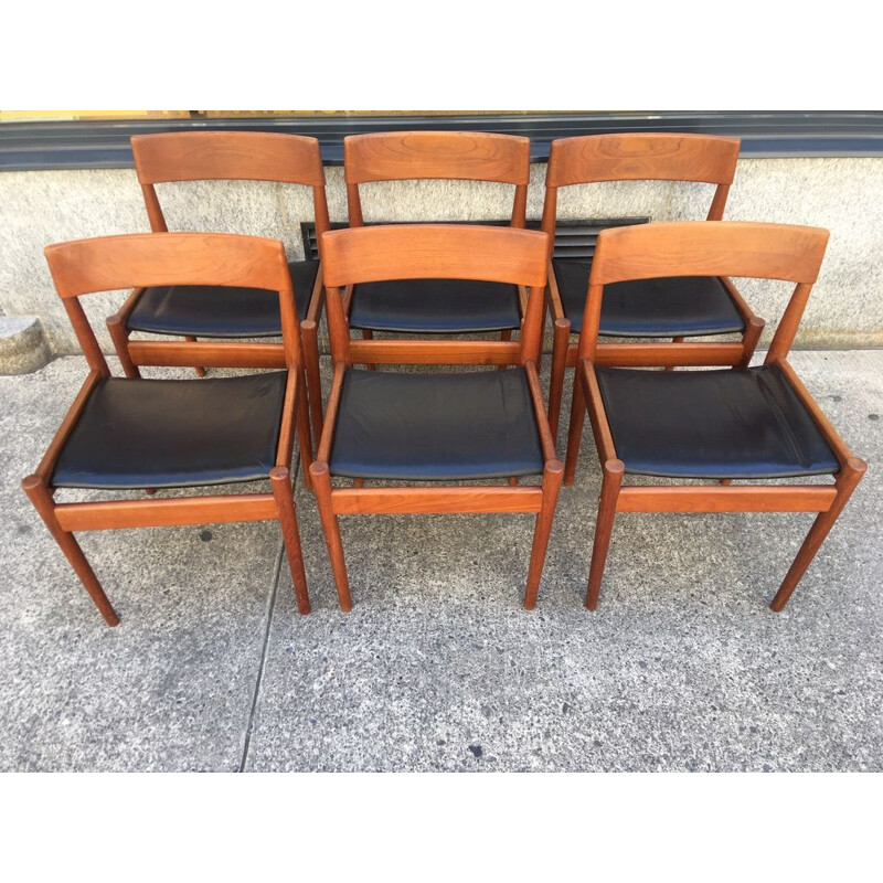 Set of 6 vintage leather and teak chairs Grete Jalk 1960 