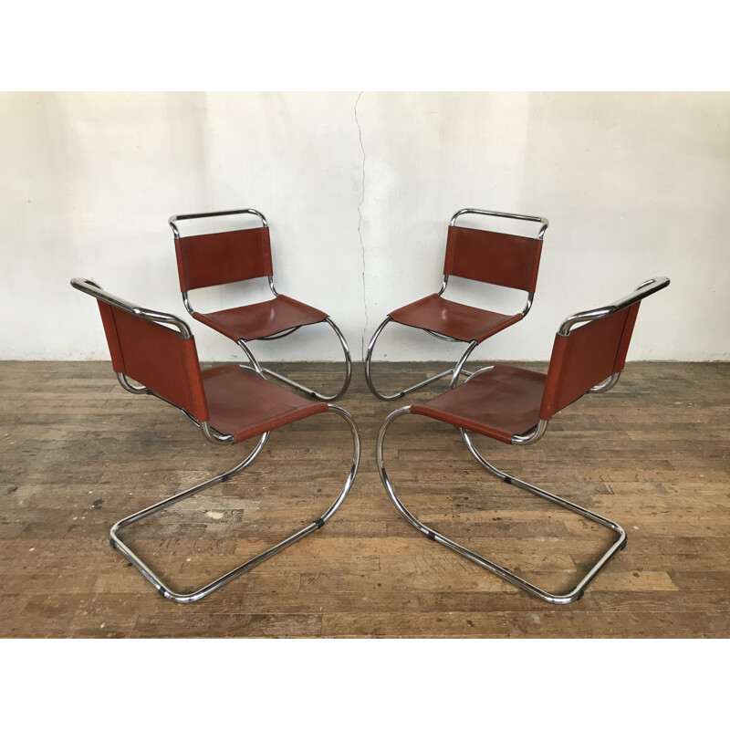 4 vintage chairs Breuer mr10 Ludwig mies Van Der Rohe chrome structure leather seat 1980