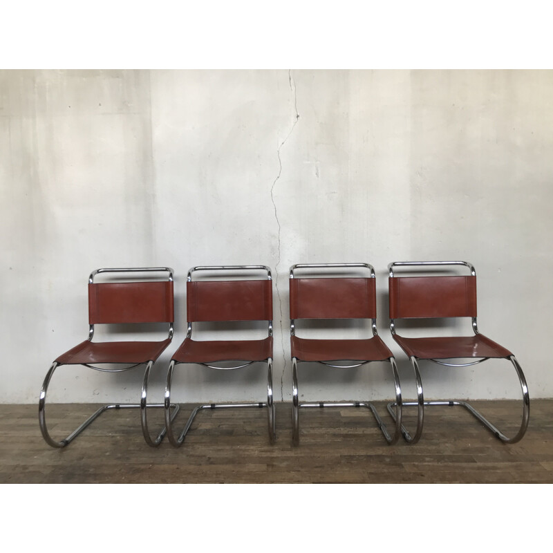 4 vintage chairs Breuer mr10 Ludwig mies Van Der Rohe chrome structure leather seat 1980