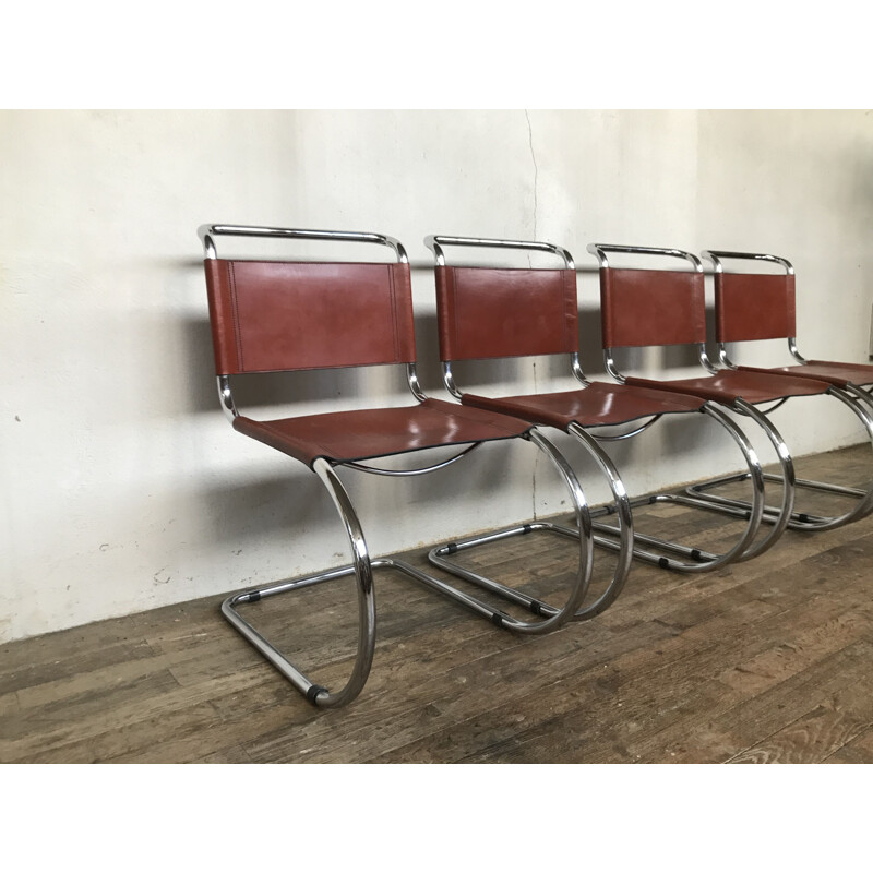 4 vintage chairs Breuer mr10 Ludwig mies Van Der Rohe chrome structure leather seat 1980