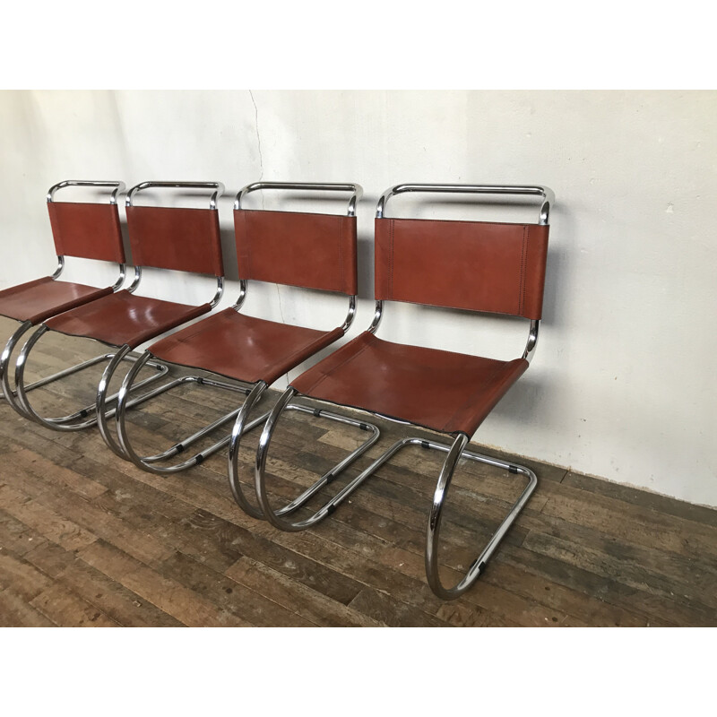 4 vintage chairs Breuer mr10 Ludwig mies Van Der Rohe chrome structure leather seat 1980