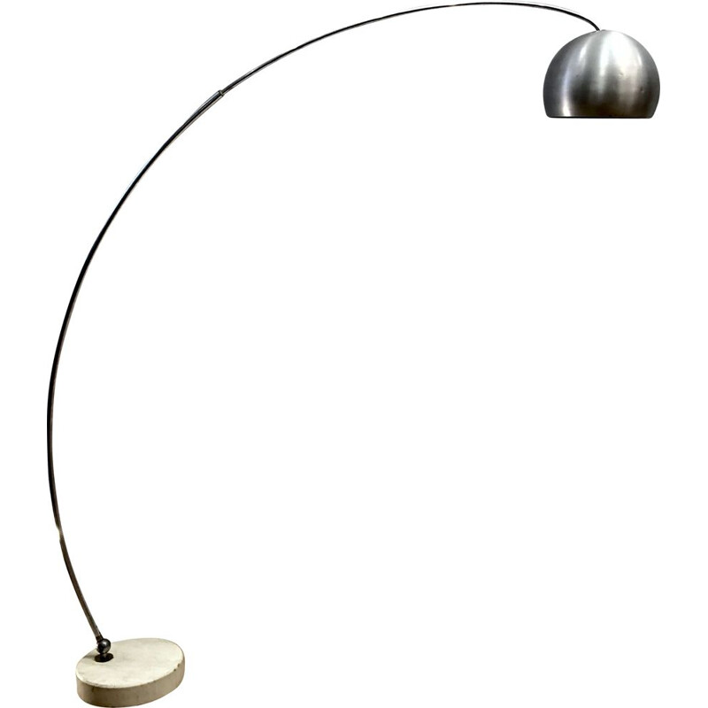 Vintage Arco floor lamp in brushed stainless steel with travertine base 1970