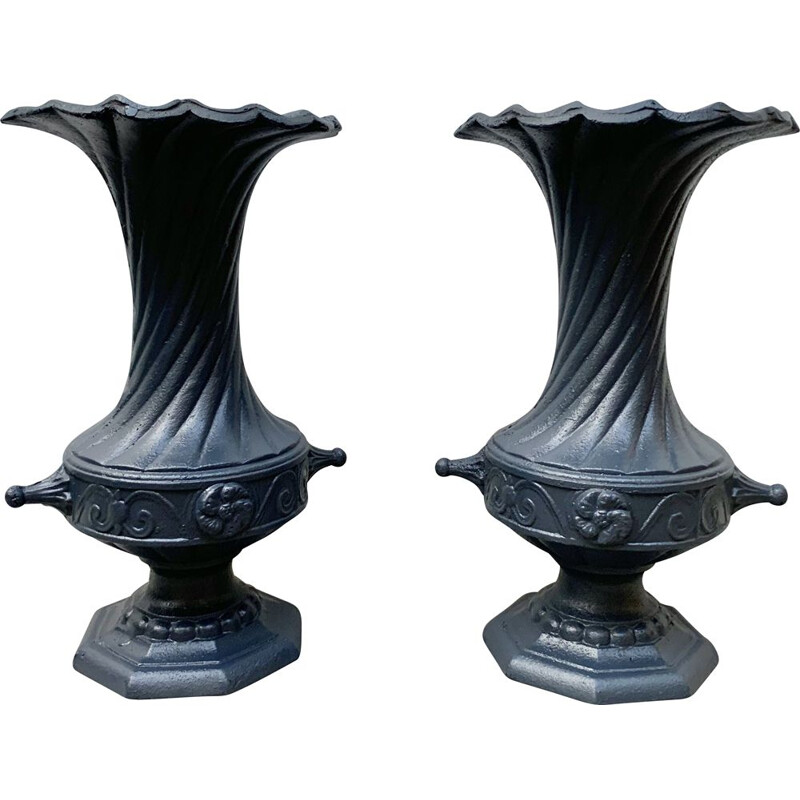 Pair of Vintage Cast Iron Urns Planters