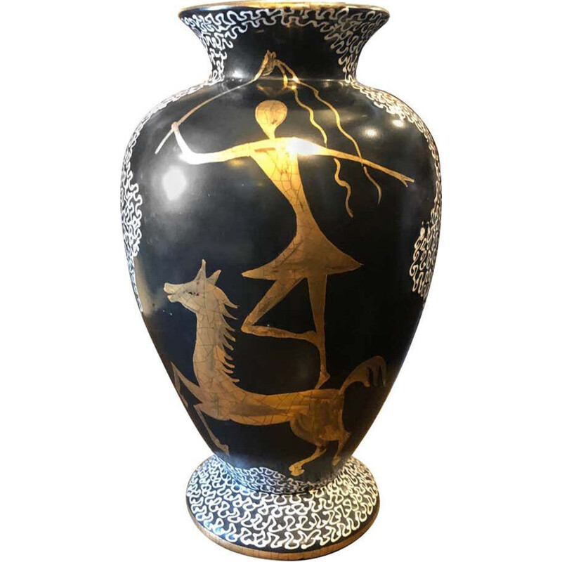 Mid-Century Hand Painted Black and Gold Ceramic Italian Vase, 1960