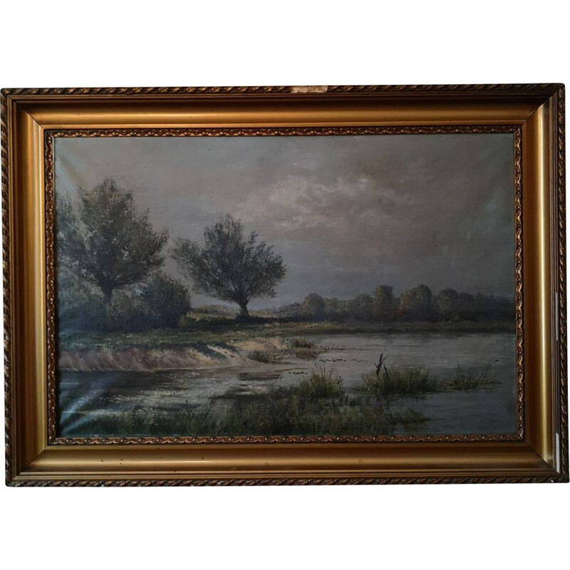 Tableau vintage peinture hollandais paysage J K Van Goethem 1925