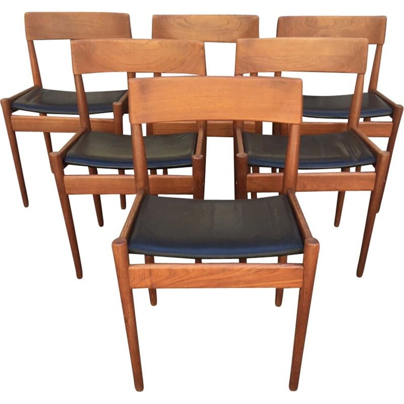 Conjunto de 6 cadeiras de couro vintage e teca Grete Jalk 1960