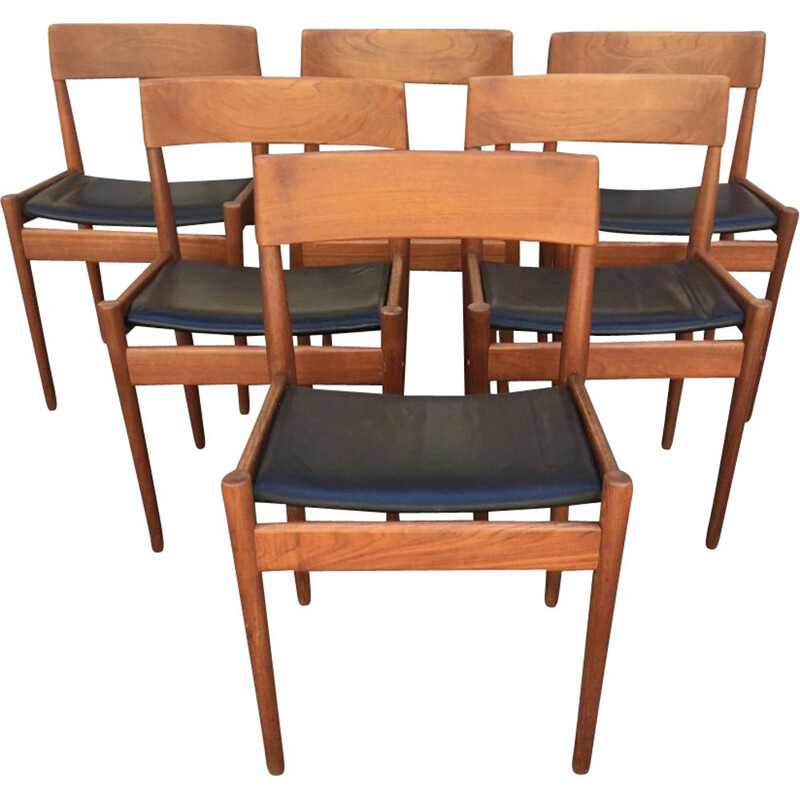 Set of 6 vintage leather and teak chairs Grete Jalk 1960 