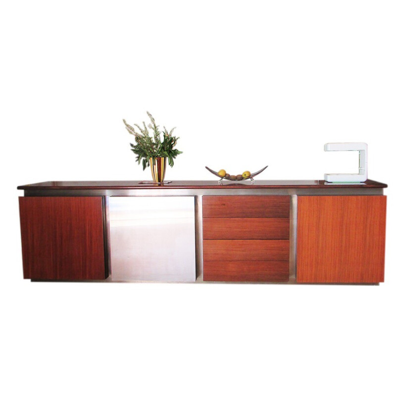 Credenza modulare Acerbis in mogano e acciaio inox, Giotto STOPPINO - 1977