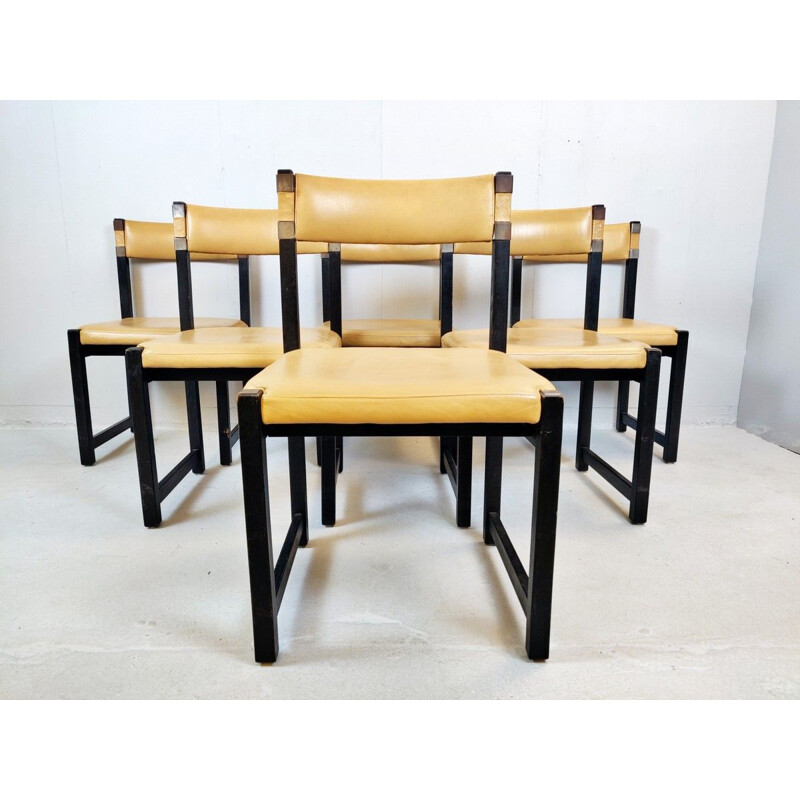 Set of 6 vintage chairs in wood and leather 1970s