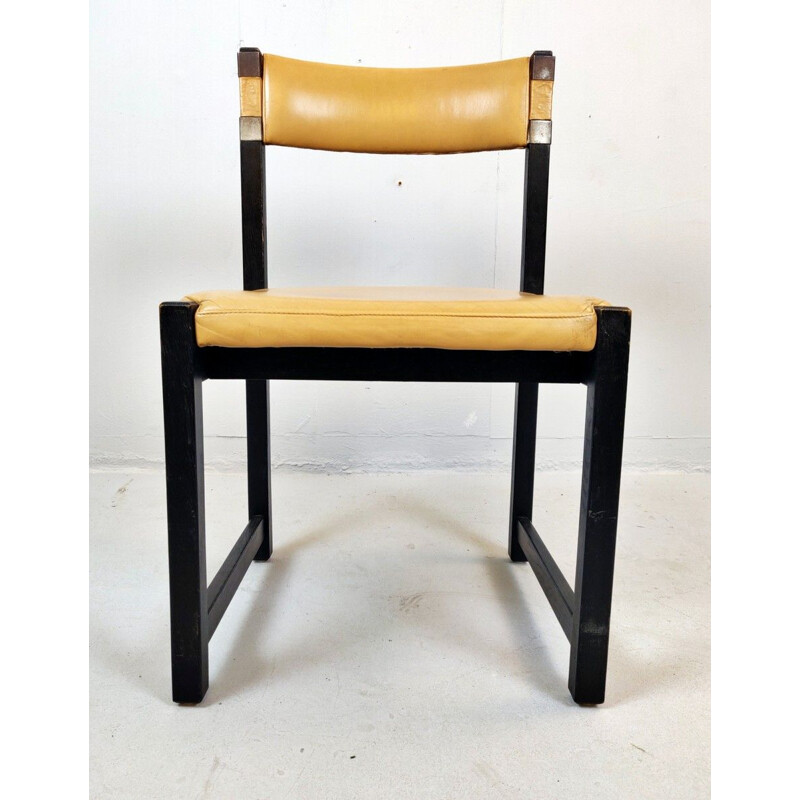 Set of 6 vintage chairs in wood and leather 1970s