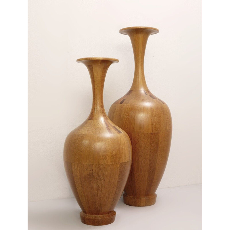 Paire de vases décoratifs vintage en bois par De Coene Frère Belgique 1960