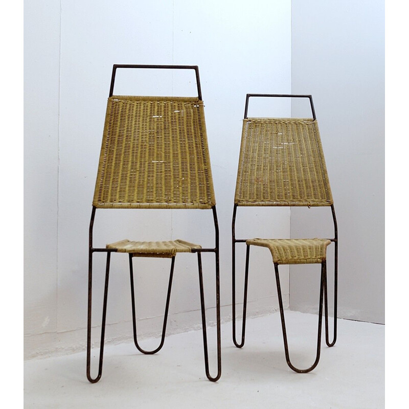 Pair of vintage chairs wicker and steel Raoul Guys For Airborne 1950s