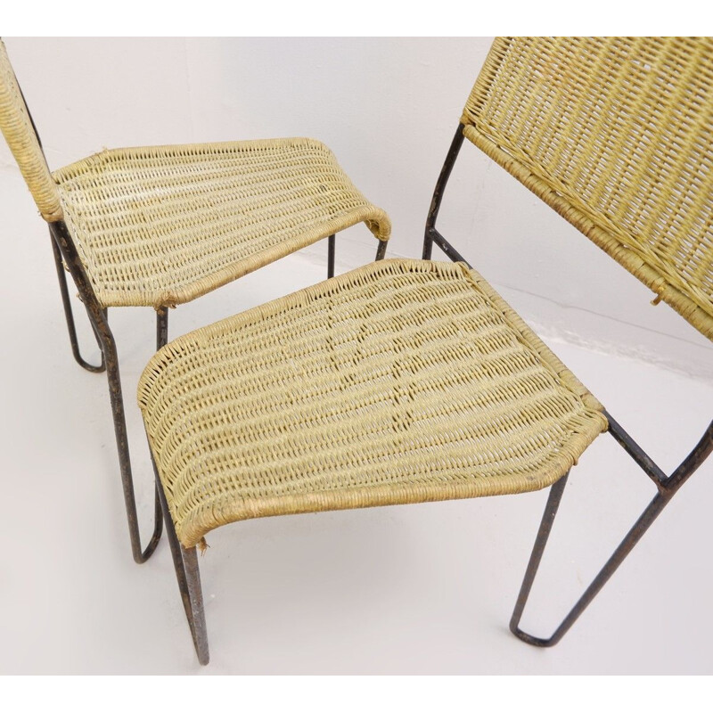 Pair of vintage chairs wicker and steel Raoul Guys For Airborne 1950s