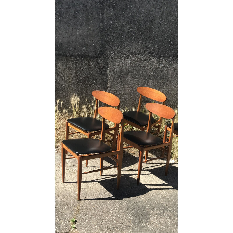 Lot de 4 chaises vintage scandinaves teck et Skaï 1960