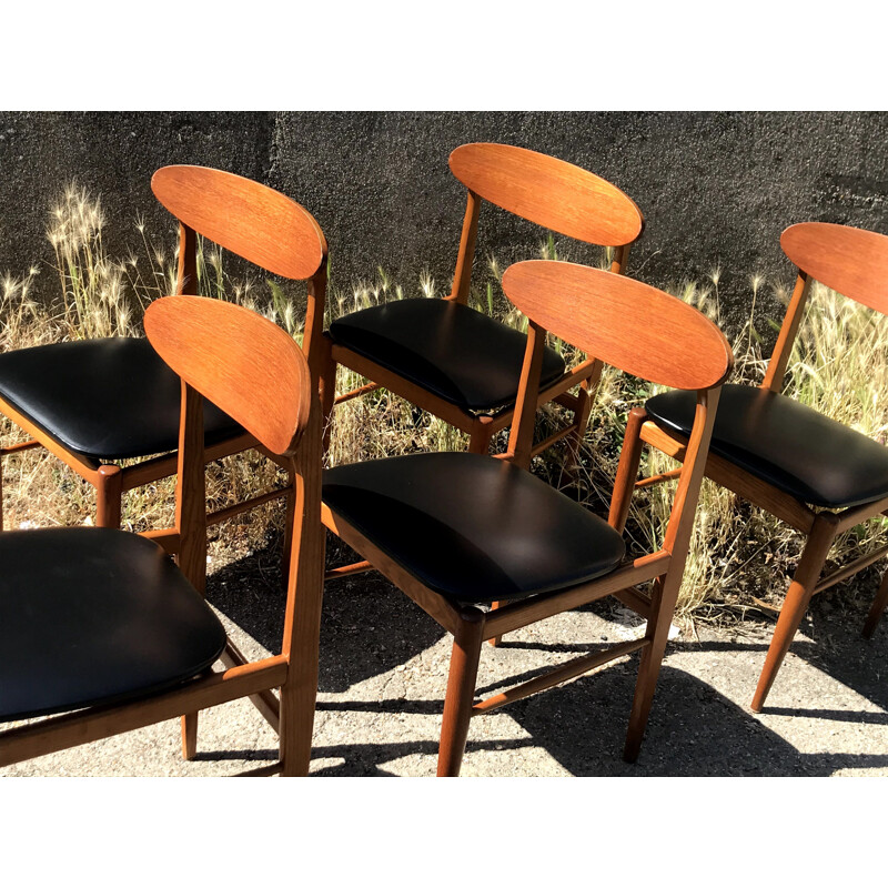 Lot de 4 chaises vintage scandinaves teck et Skaï 1960