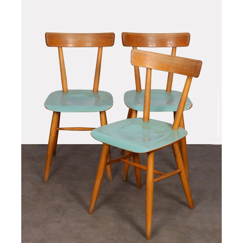 Lot de 3 chaises vintage bleues par Ton 1960