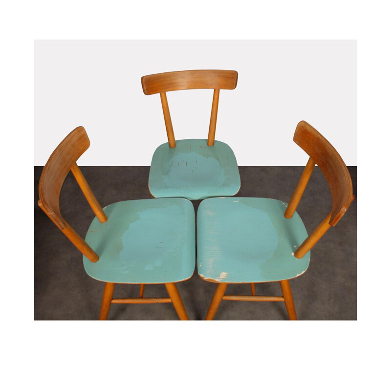 Lot de 3 chaises vintage bleues par Ton 1960