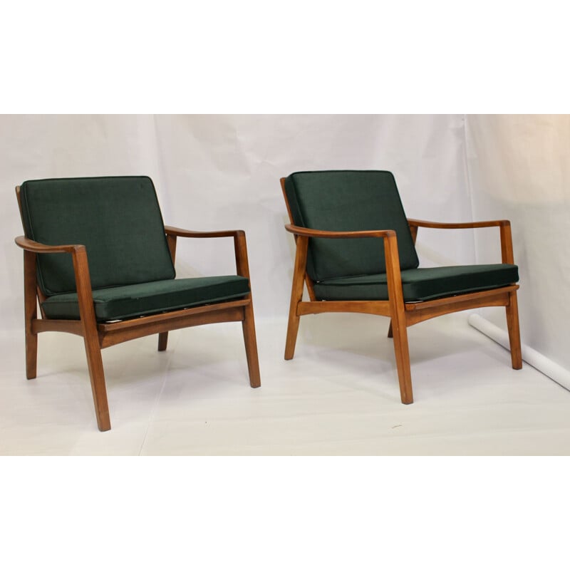 Pair of vintage armchairs in fir green velvet fabric Scandinavian 1960s