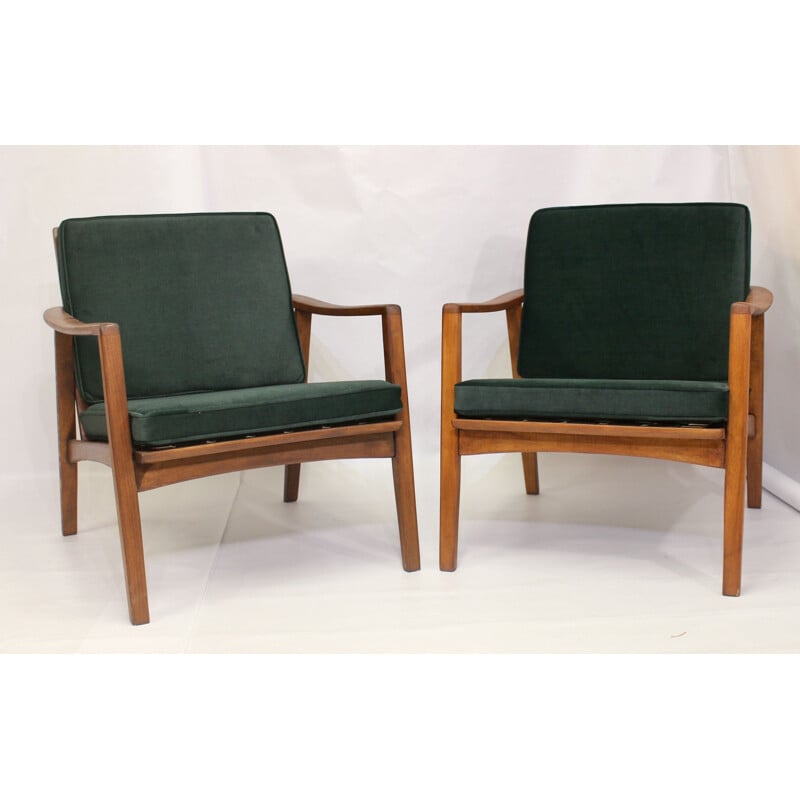 Pair of vintage armchairs in fir green velvet fabric Scandinavian 1960s