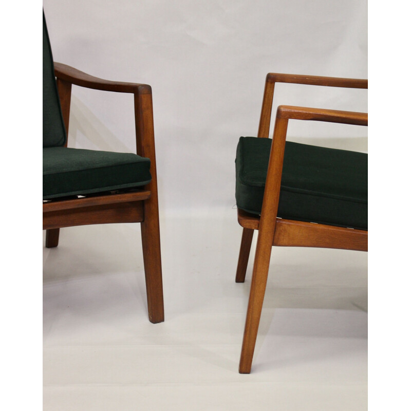 Pair of vintage armchairs in fir green velvet fabric Scandinavian 1960s