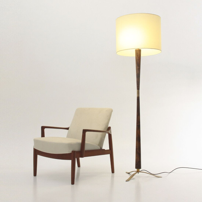 Vintage Floor lamp in brass and wood with parchment shade 1950s