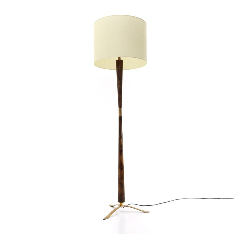 Vintage Floor lamp in brass and wood with parchment shade 1950s