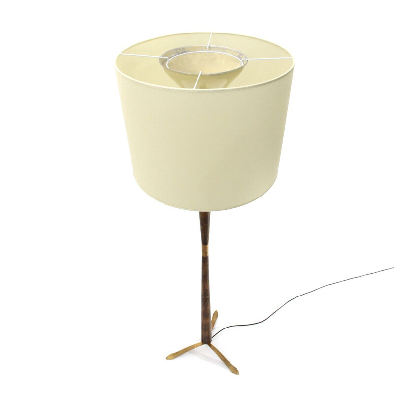 Vintage Floor lamp in brass and wood with parchment shade 1950s