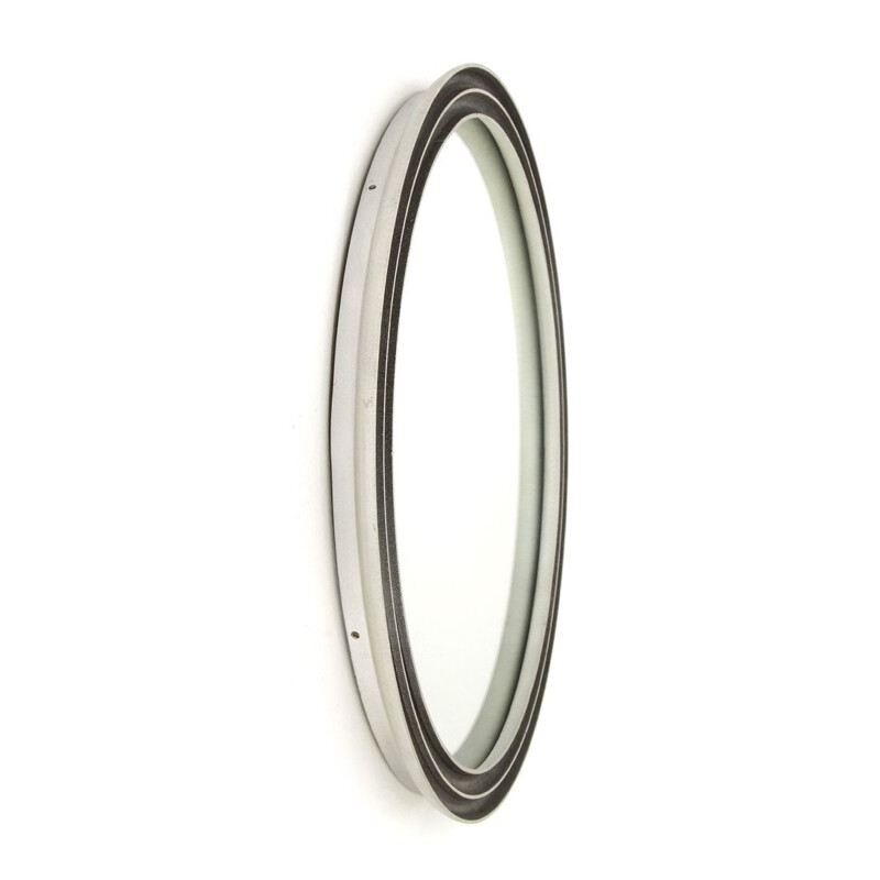 Vintage round mirror with aluminium frame by Lorenzo Burchiellaro 1970