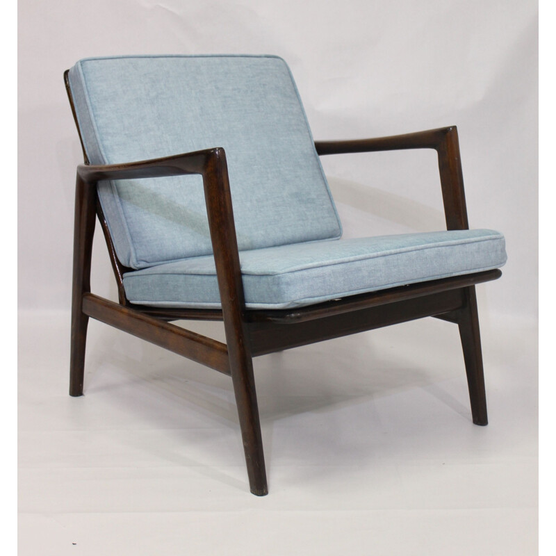 Vintage light blue beechwood armchair by Stefan from Swarzędzkie 1960