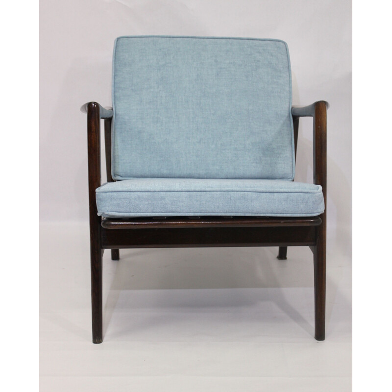 Vintage light blue beechwood armchair by Stefan from Swarzędzkie 1960