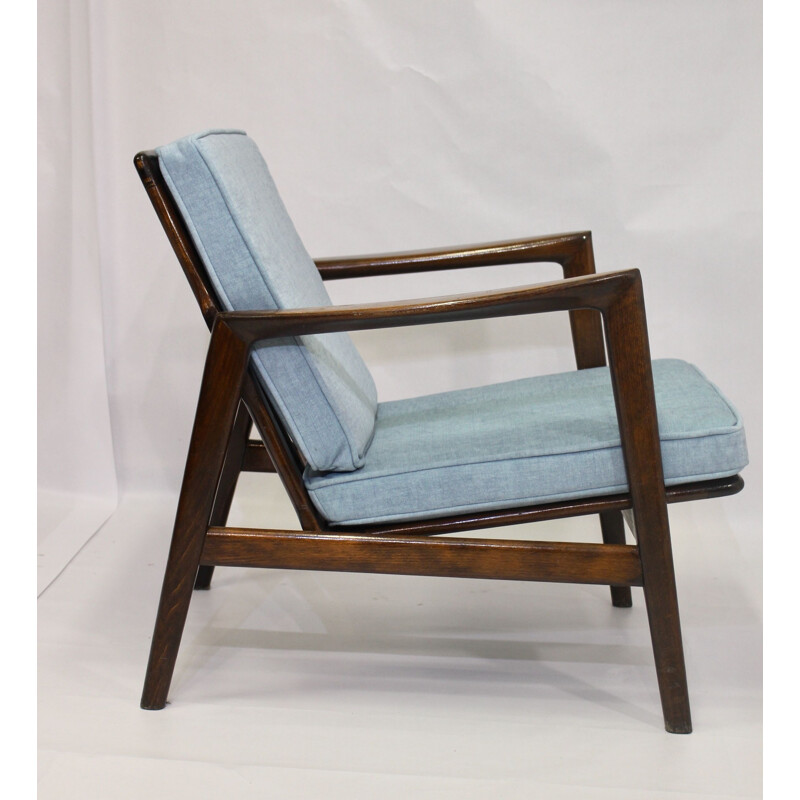 Vintage light blue beechwood armchair by Stefan from Swarzędzkie 1960