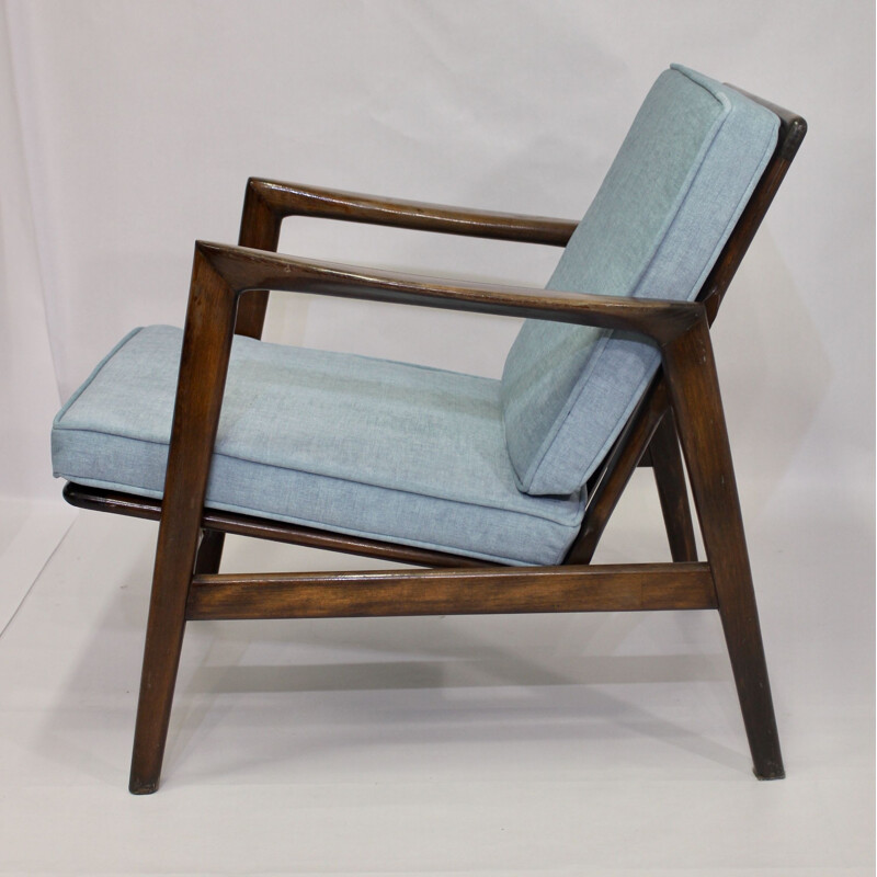 Vintage light blue beechwood armchair by Stefan from Swarzędzkie 1960